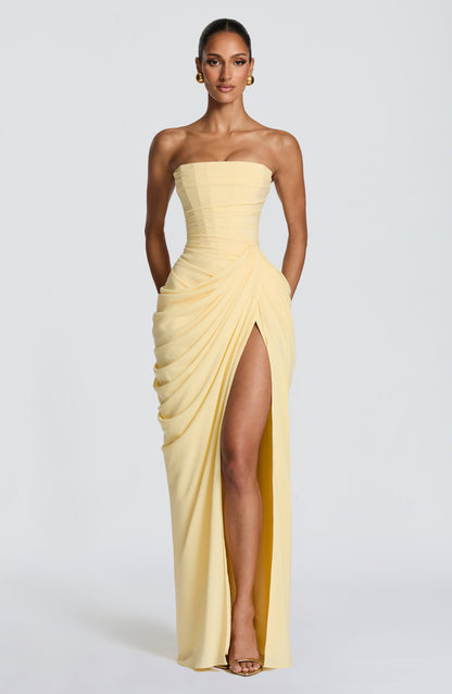 Adelaide | Maxi Formal Dress Butter Yellow Chiffon Strapless Draped Slit for Women