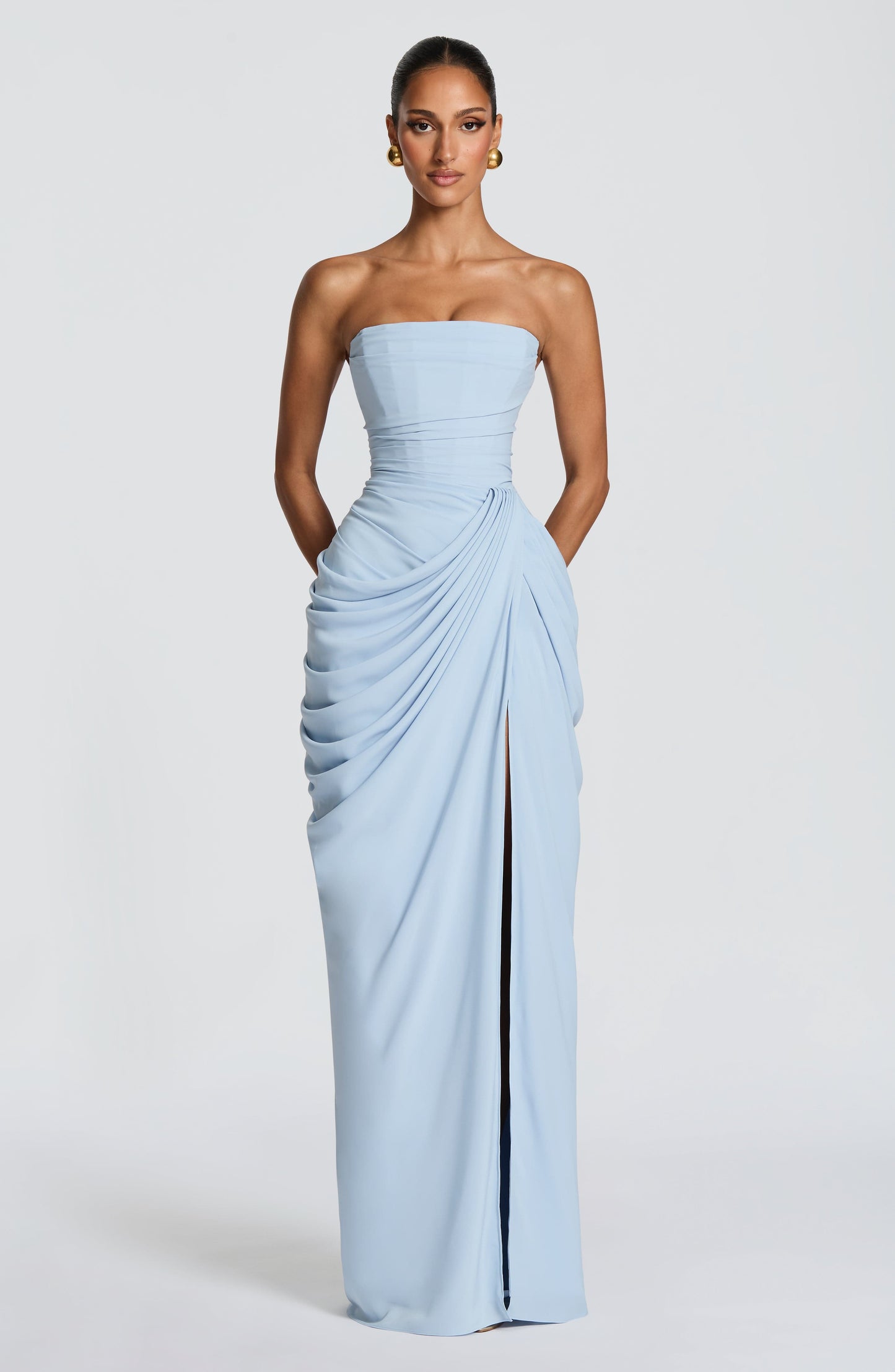 Adelaide | Maxi Formal Dress Butter Yellow Chiffon Strapless Draped Slit for Women