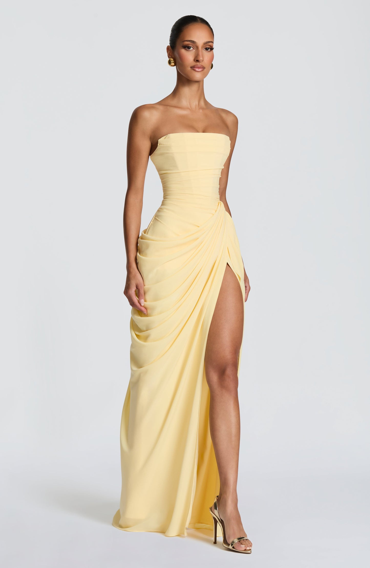 Adelaide | Maxi Formal Dress Butter Yellow Chiffon Strapless Draped Slit for Women