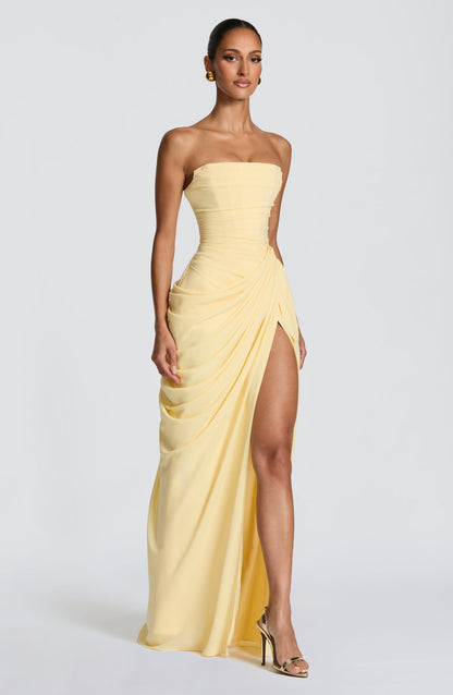 Adelaide | Maxi Formal Dress Butter Yellow Chiffon Strapless Draped Slit for Women