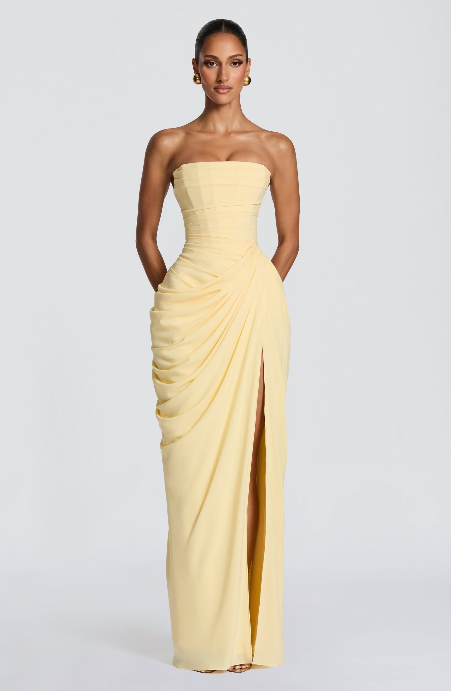 Adelaide | Maxi Formal Dress Butter Yellow Chiffon Strapless Draped Slit for Women