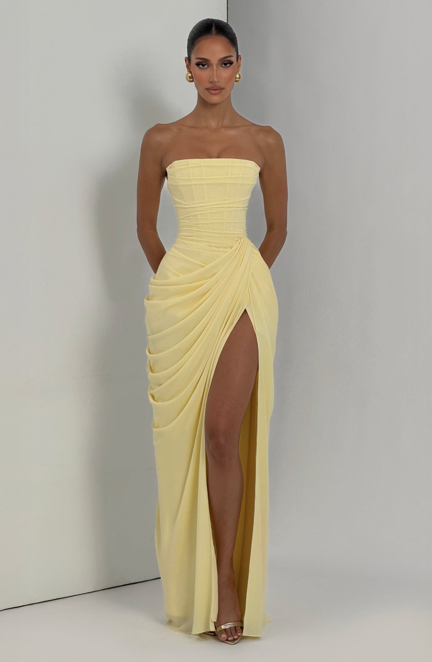 Adelaide | Maxi Formal Dress Butter Yellow Chiffon Strapless Draped Slit for Women