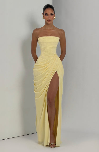 Adelaide | Maxi Formal Dress Butter Yellow Chiffon Strapless Draped Slit for Women