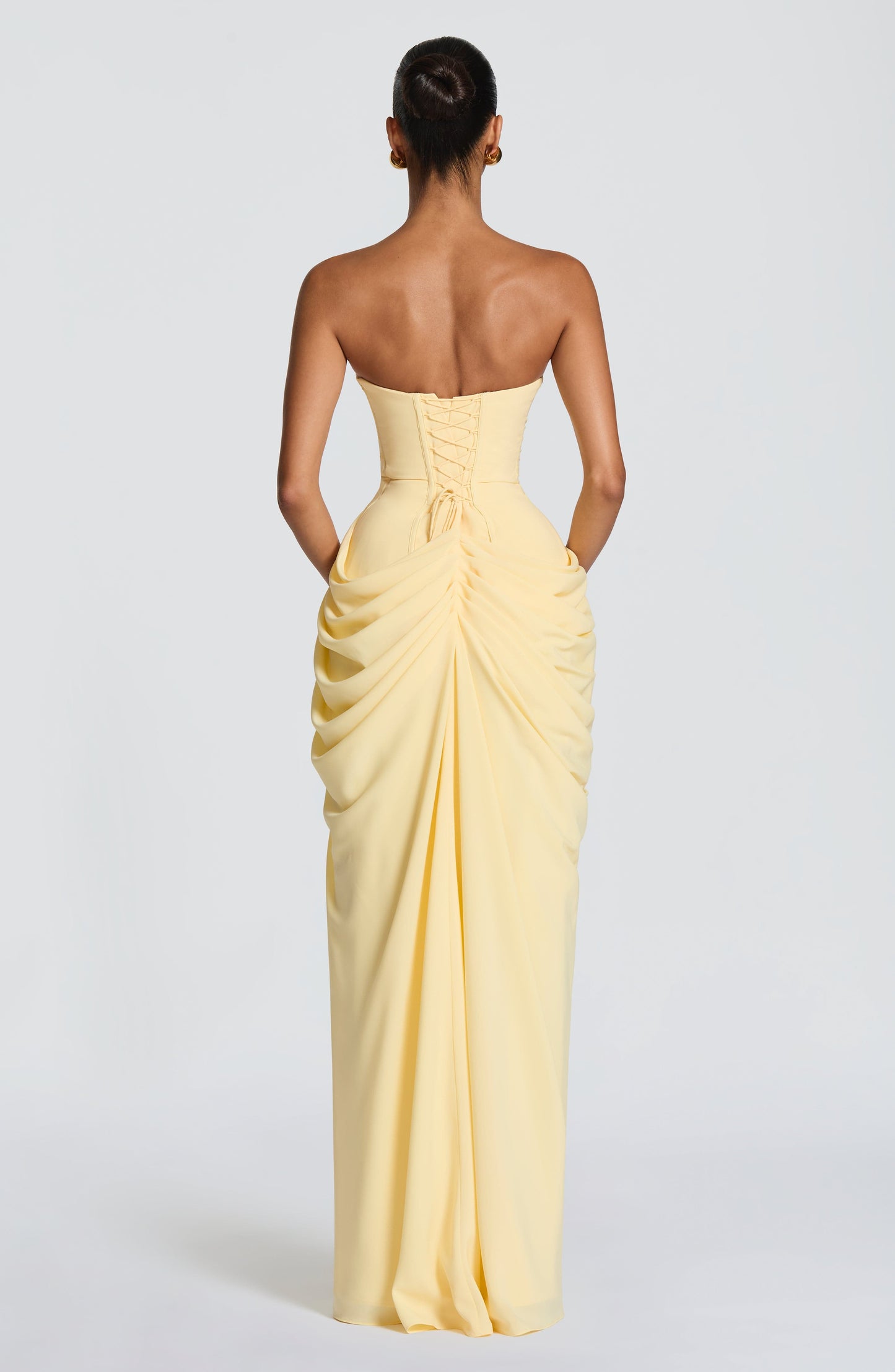 Adelaide | Maxi Formal Dress Butter Yellow Chiffon Strapless Draped Slit for Women