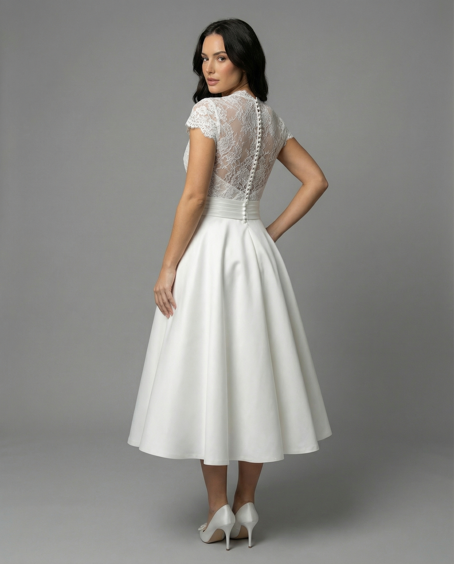 Cecily | Midi Wedding Dress Ivory Lace Satin A-Line Cap Sleeve for Women