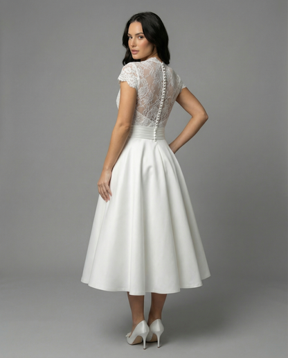 Cecily | Midi Wedding Dress Ivory Lace Satin A-Line Cap Sleeve for Women