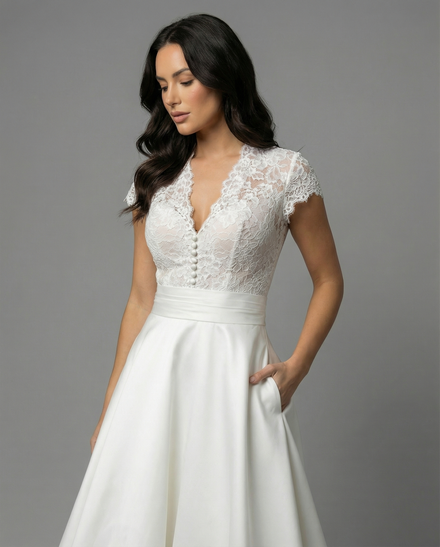Cecily | Midi Wedding Dress Ivory Lace Satin A-Line Cap Sleeve for Women