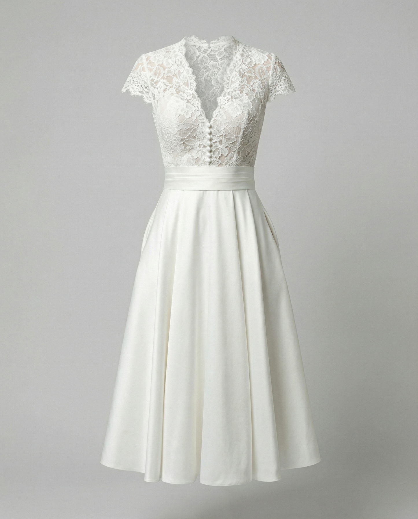 Cecily | Midi Wedding Dress Ivory Lace Satin A-Line Cap Sleeve for Women