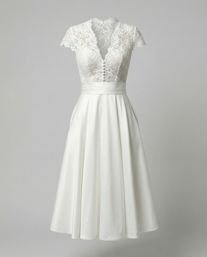 Cecily | Midi Wedding Dress Ivory Lace Satin A-Line Cap Sleeve for Women