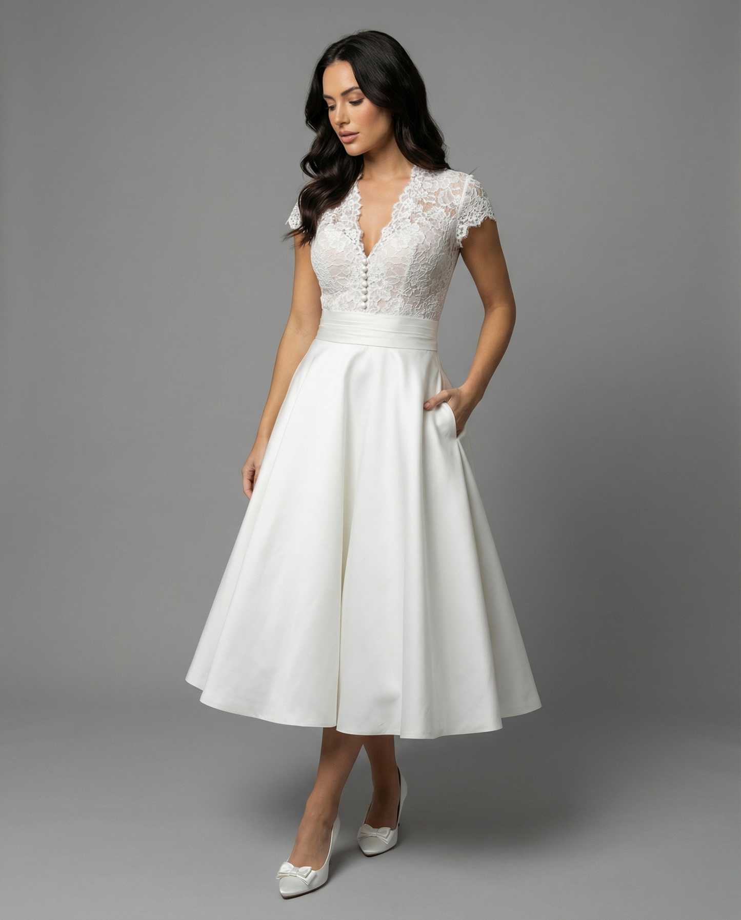 Cecily | Midi Wedding Dress Ivory Lace Satin A-Line Cap Sleeve for Women