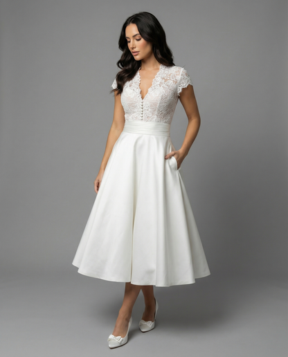 Cecily | Midi Wedding Dress Ivory Lace Satin A-Line Cap Sleeve for Women
