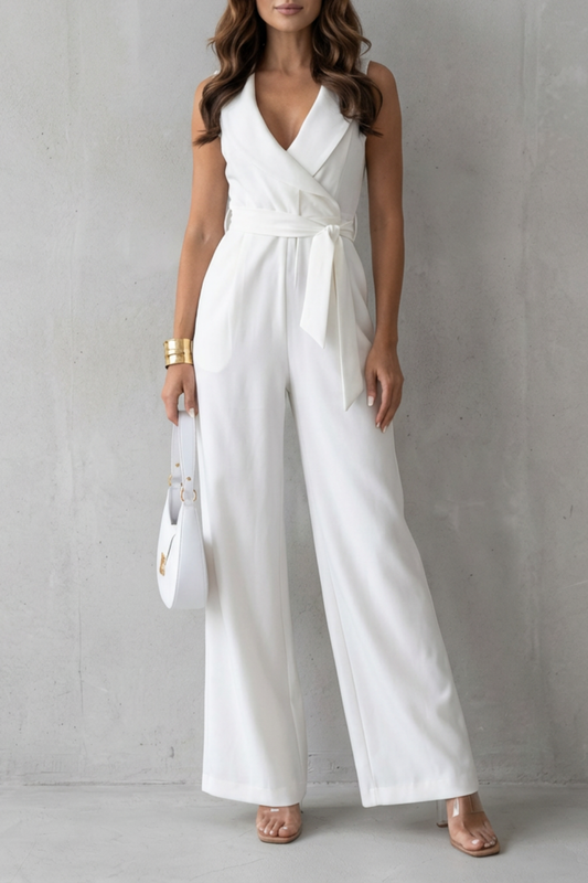 Phoebe | Sleeveless Jumpsuit White Crepe Lapel Wide-Leg Belted for Women