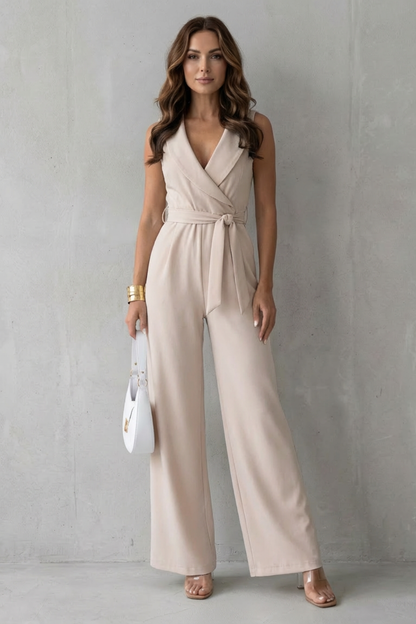 Phoebe | Sleeveless Jumpsuit White Crepe Lapel Wide-Leg Belted for Women