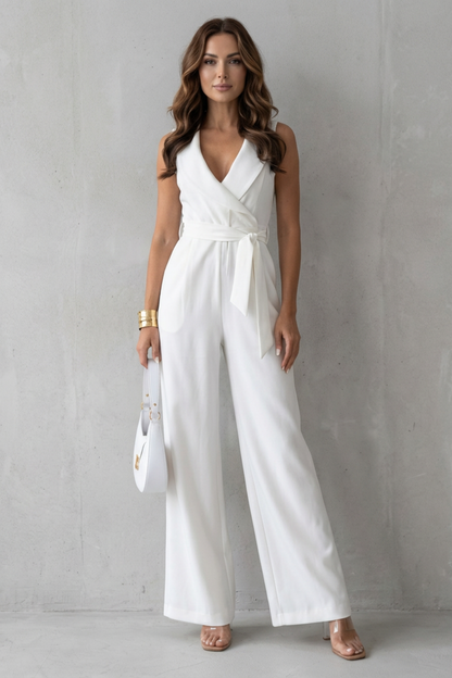 Phoebe | Sleeveless Jumpsuit White Crepe Lapel Wide-Leg Belted for Women