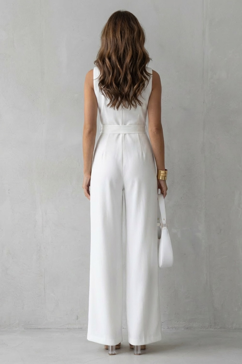 Phoebe | Sleeveless Jumpsuit White Crepe Lapel Wide-Leg Belted for Women