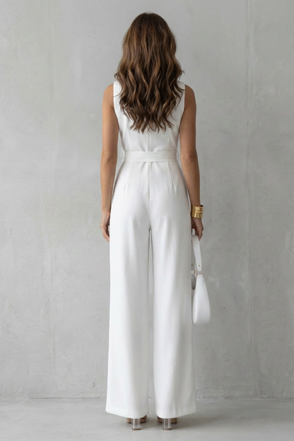 Phoebe | Sleeveless Jumpsuit White Crepe Lapel Wide-Leg Belted for Women
