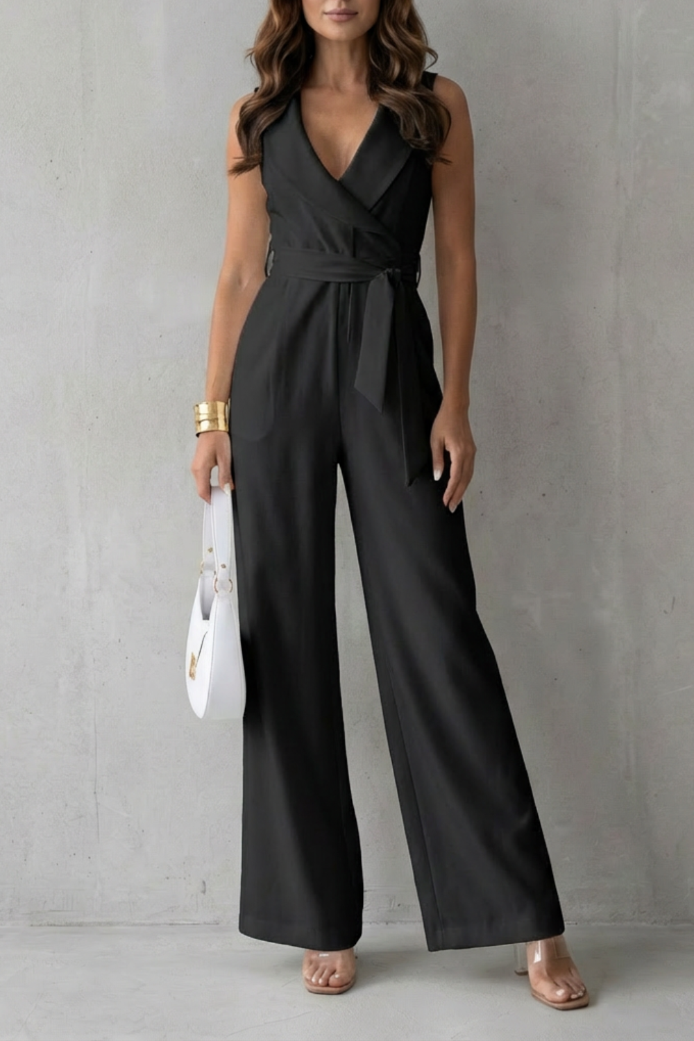 Phoebe | Sleeveless Jumpsuit White Crepe Lapel Wide-Leg Belted for Women