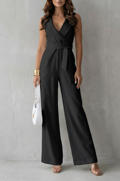 Phoebe | Sleeveless Jumpsuit White Crepe Lapel Wide-Leg Belted for Women