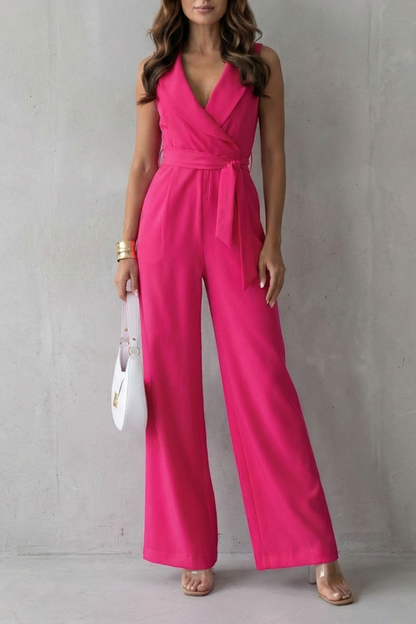 Phoebe | Sleeveless Jumpsuit White Crepe Lapel Wide-Leg Belted for Women