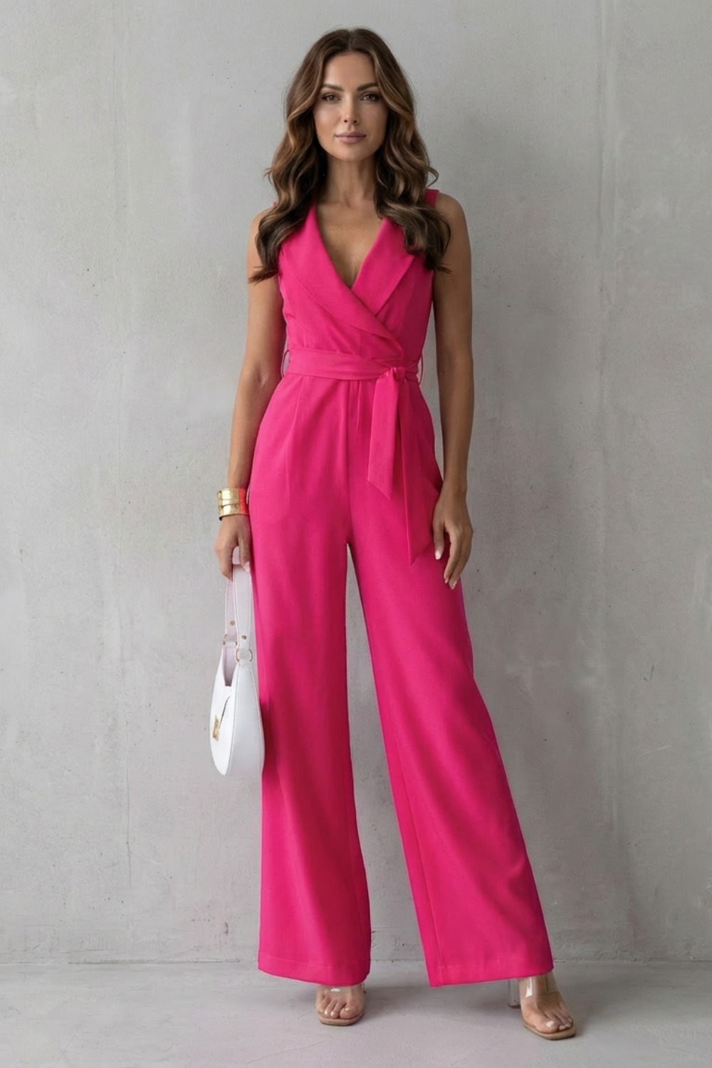 Phoebe | Sleeveless Jumpsuit White Crepe Lapel Wide-Leg Belted for Women