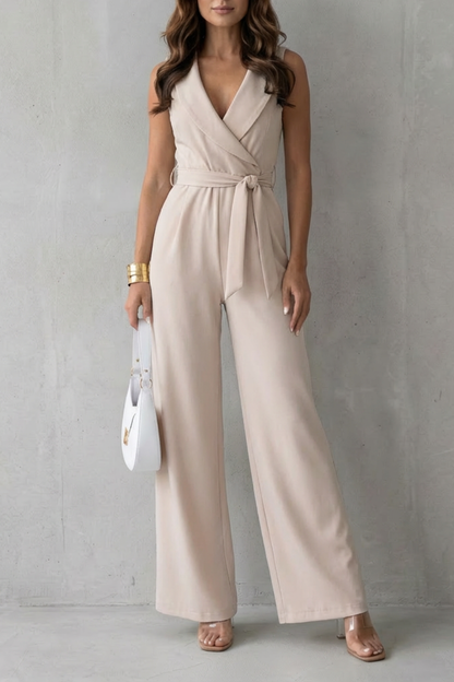 Phoebe | Sleeveless Jumpsuit White Crepe Lapel Wide-Leg Belted for Women