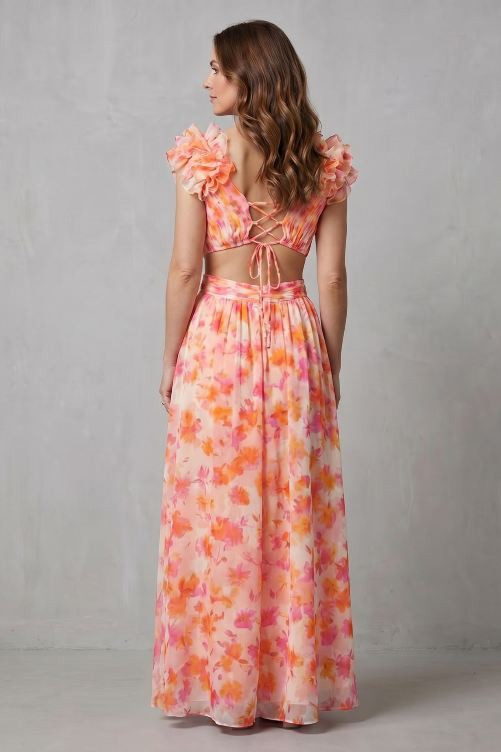 Rosalind | Maxi Dress Pink Orange Floral Chiffon Ruffle V-Neck for Women