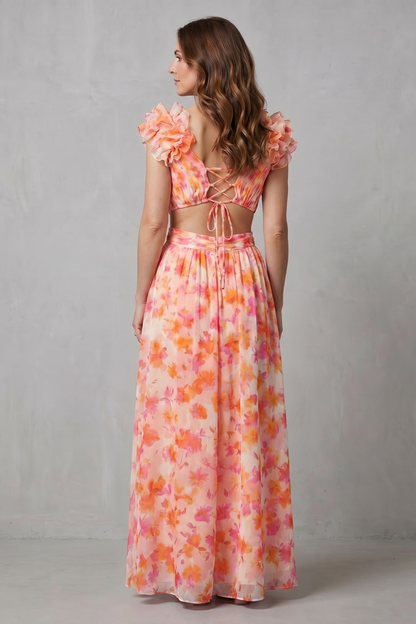 Rosalind | Maxi Dress Pink Orange Floral Chiffon Ruffle V-Neck for Women