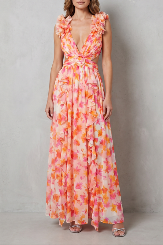Rosalind | Maxi Dress Pink Orange Floral Chiffon Ruffle V-Neck for Women
