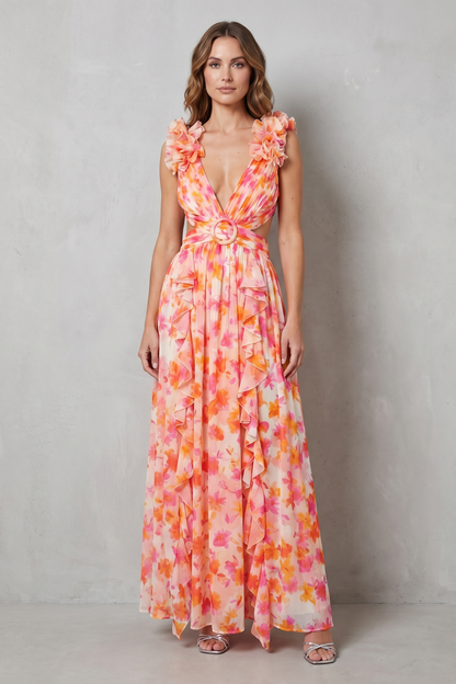 Rosalind | Maxi Dress Pink Orange Floral Chiffon Ruffle V-Neck for Women
