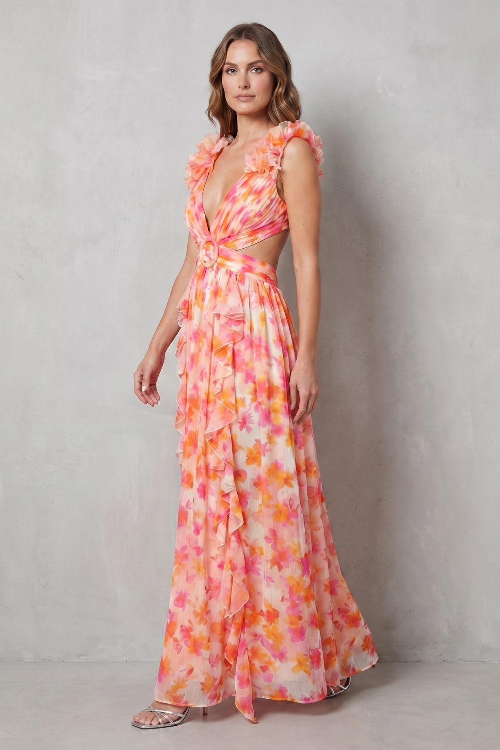 Rosalind | Maxi Dress Pink Orange Floral Chiffon Ruffle V-Neck for Women