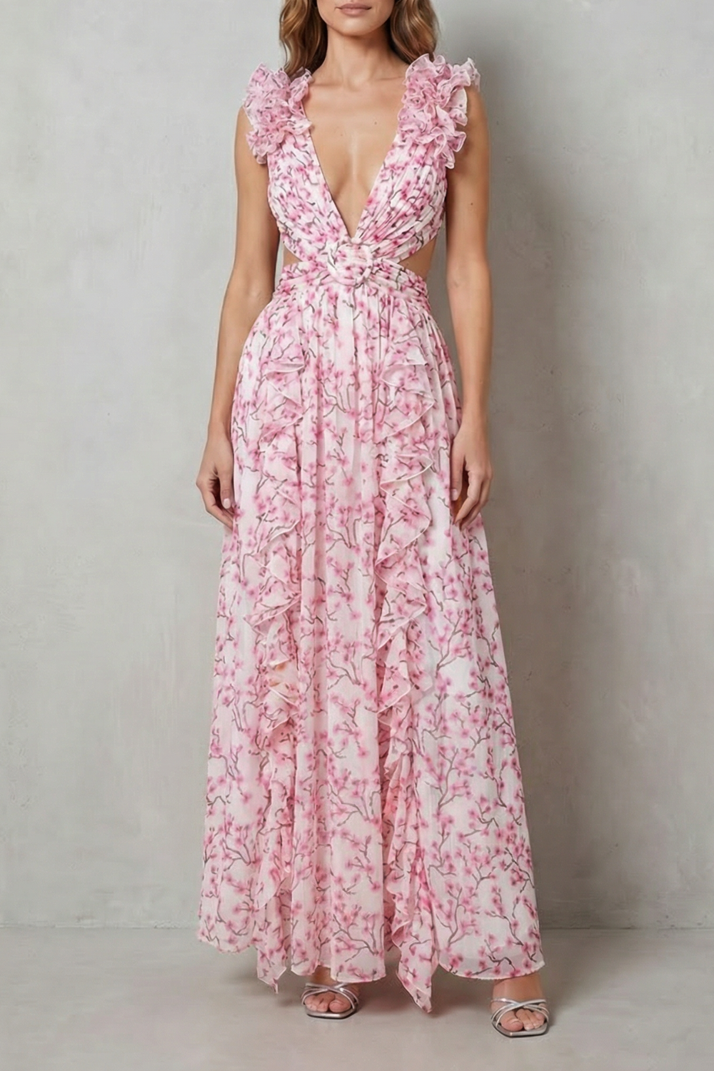 Rosalind | Maxi Dress Pink Orange Floral Chiffon Ruffle V-Neck for Women