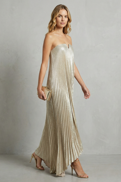 Aderyn | Maxi Party Dress Champagne Gold Metallic Pleated Strapless for Women