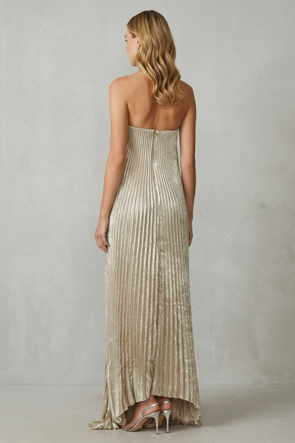 Aderyn | Maxi Party Dress Champagne Gold Metallic Pleated Strapless for Women