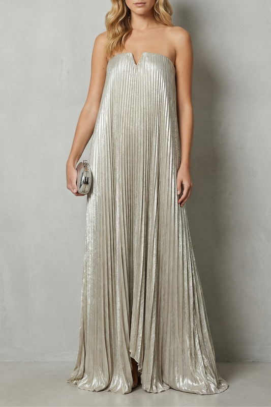 Aderyn | Maxi Party Dress Champagne Gold Metallic Pleated Strapless for Women