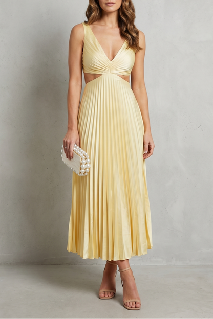 Rosalind | Maxi Dress Yellow Pleated Cut-Out V-Neck for Women