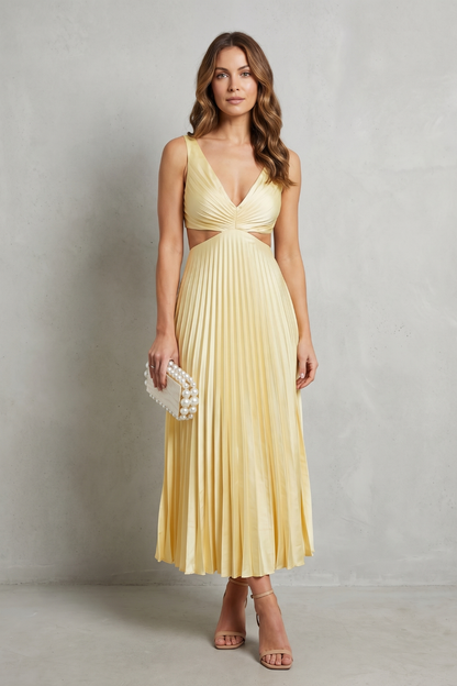 Rosalind | Maxi Dress Yellow Pleated Cut-Out V-Neck for Women