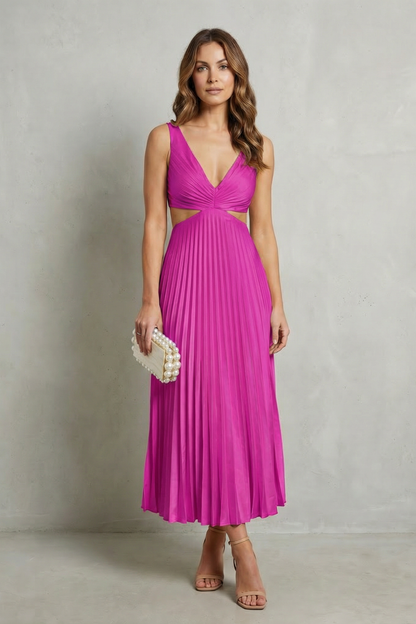 Rosalind | Maxi Dress Yellow Pleated Cut-Out V-Neck for Women