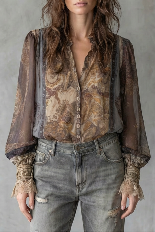 Phoebe | Blouse Taupe Chiffon Paisley Print Lace Cuff Boho for Women