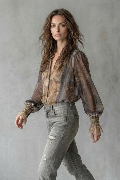 Phoebe | Blouse Taupe Chiffon Paisley Print Lace Cuff Boho for Women