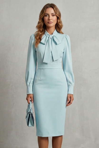 Cecily | Midi Pencil Dress Cream Bow Neck Long Sleeve for Women