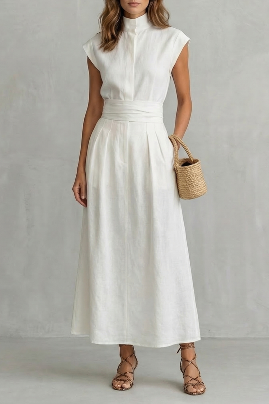 Rosalind | Midi Dress White Linen Mock Neck Belted A-Line for Women