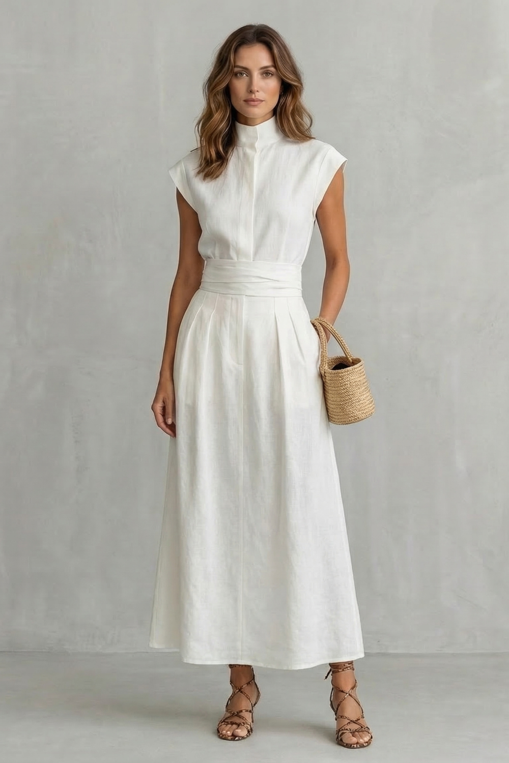 Rosalind | Midi Dress White Linen Mock Neck Belted A-Line for Women