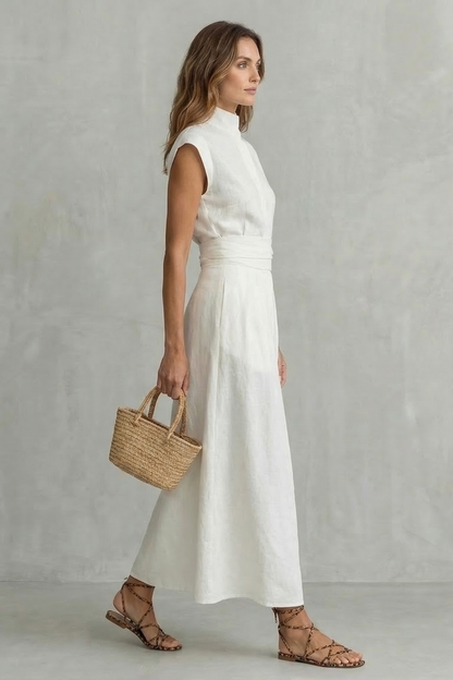 Rosalind | Midi Dress White Linen Mock Neck Belted A-Line for Women