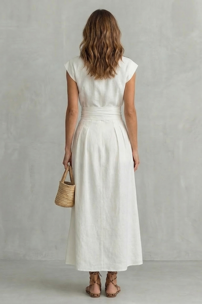 Rosalind | Midi Dress White Linen Mock Neck Belted A-Line for Women