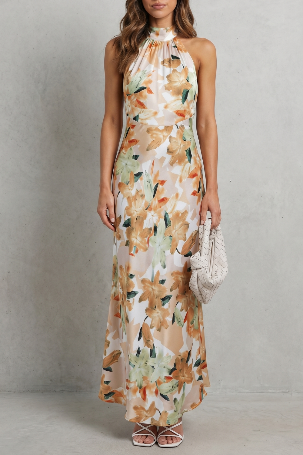 Rosalind | Maxi Dress White Floral Chiffon Halter Neck for Women
