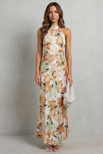 Rosalind | Maxi Dress White Floral Chiffon Halter Neck for Women