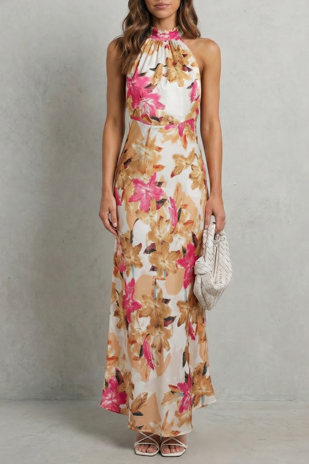 Rosalind | Maxi Dress White Floral Chiffon Halter Neck for Women