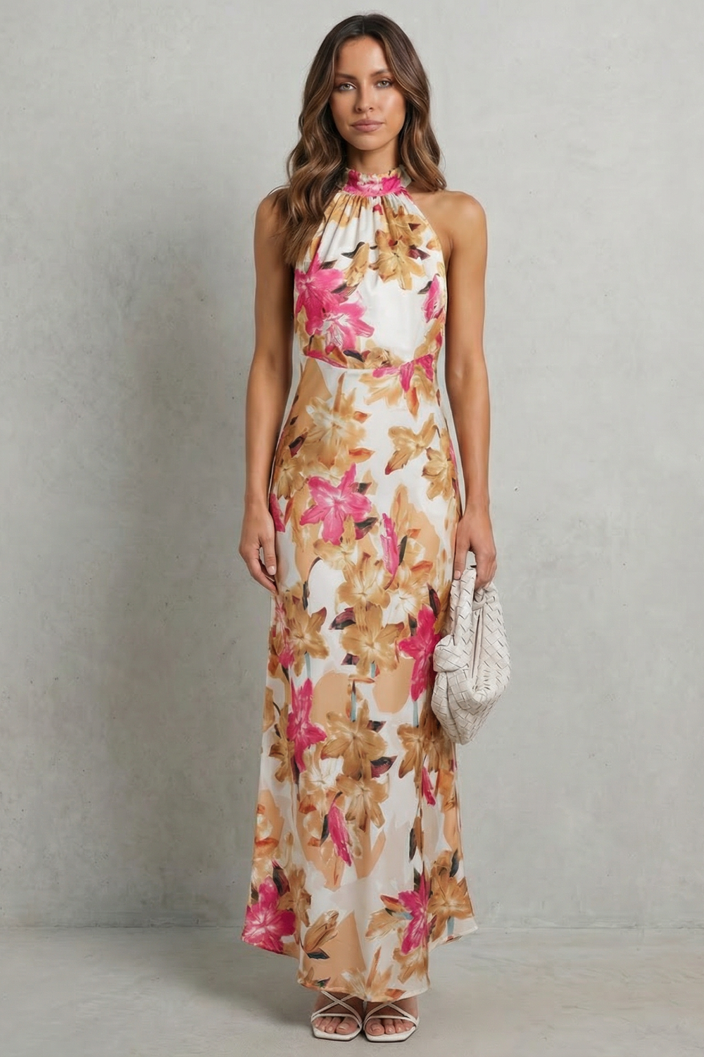 Rosalind | Maxi Dress White Floral Chiffon Halter Neck for Women
