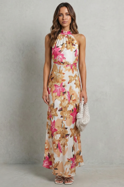Rosalind | Maxi Dress White Floral Chiffon Halter Neck for Women