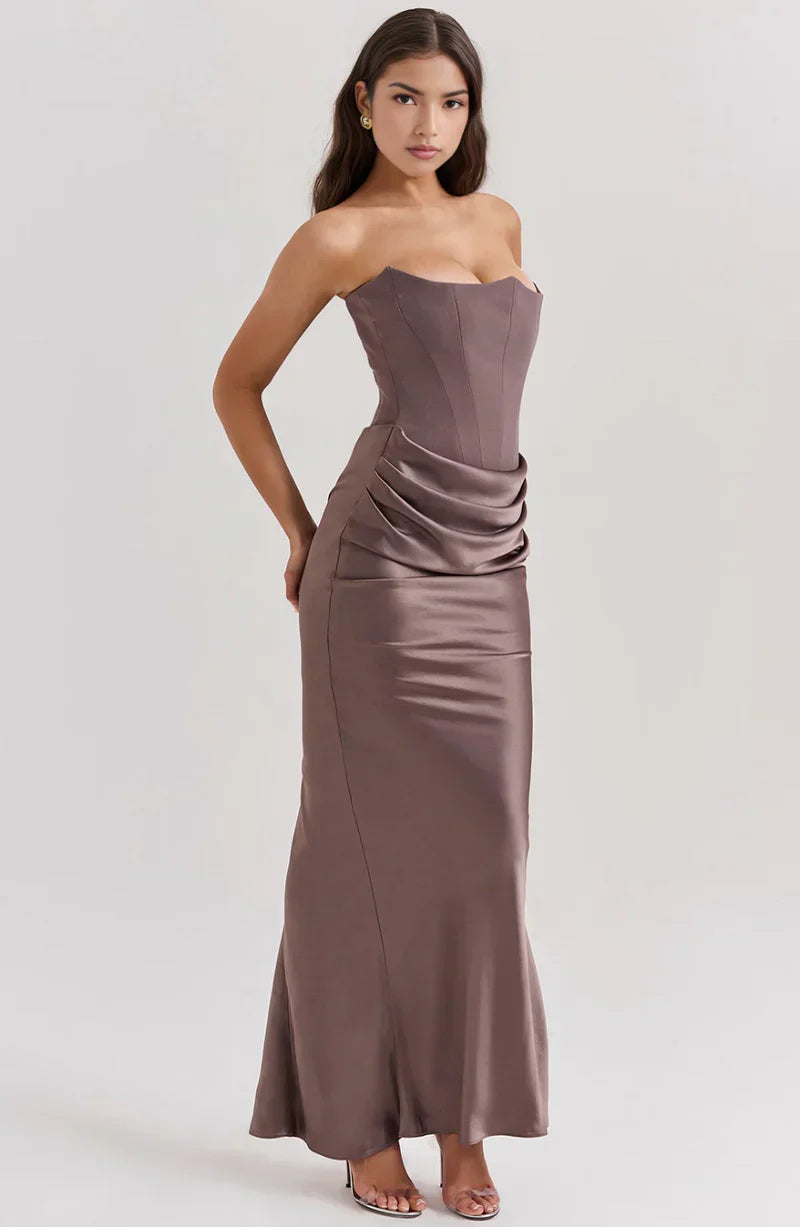 Prue | Maxi Party Dress Pink Satin Strapless Corset for Women